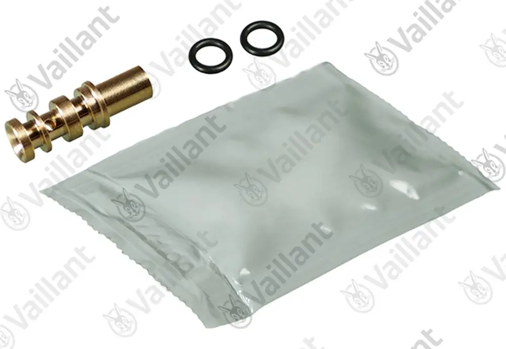 Vaillant Venturidüse aus Metall mit zwei O-Ringen und einer versiegelten Packung, auf weißem Hintergrund.